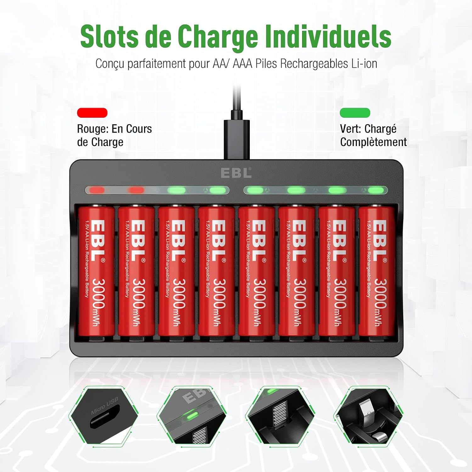 Chargeur de batterie EBL chargeur de piles aa/aaa 8 slots- avec